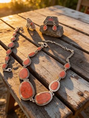 Sterling-Style Red  Stone Necklace Earring  & Ring Set - Women Jewelry